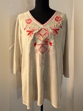 Andree Cream Tunic with Pink and Red Embroidery